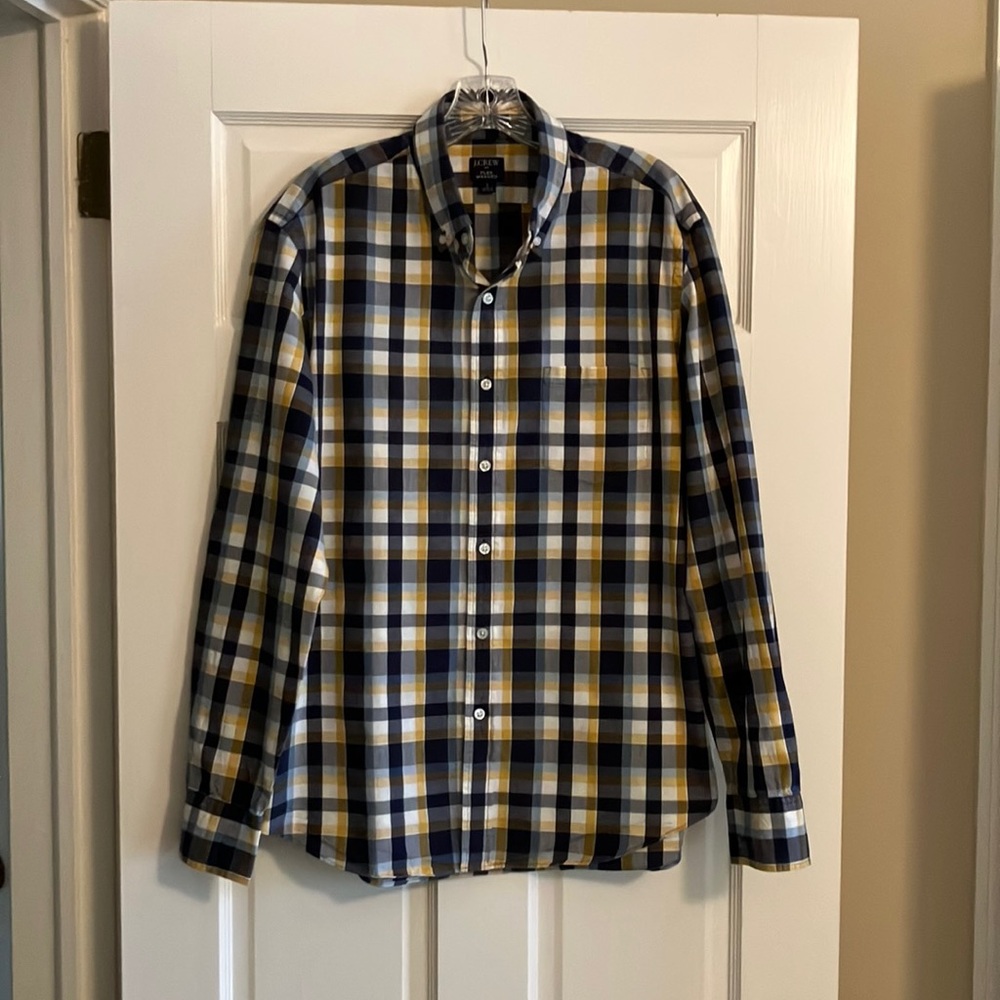 J. Crew Blue Yellow Casual Button Down Long Sleeve Shirt Classic Fit Large